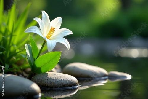 Close up of white lily among smooth stones in serene garden setting, zen, flower, tranquility