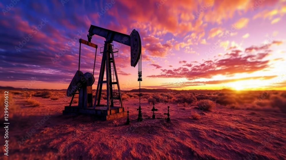 Naklejka premium Oil Pump Jack Sunset Energy Industry Extraction Desert Landscape