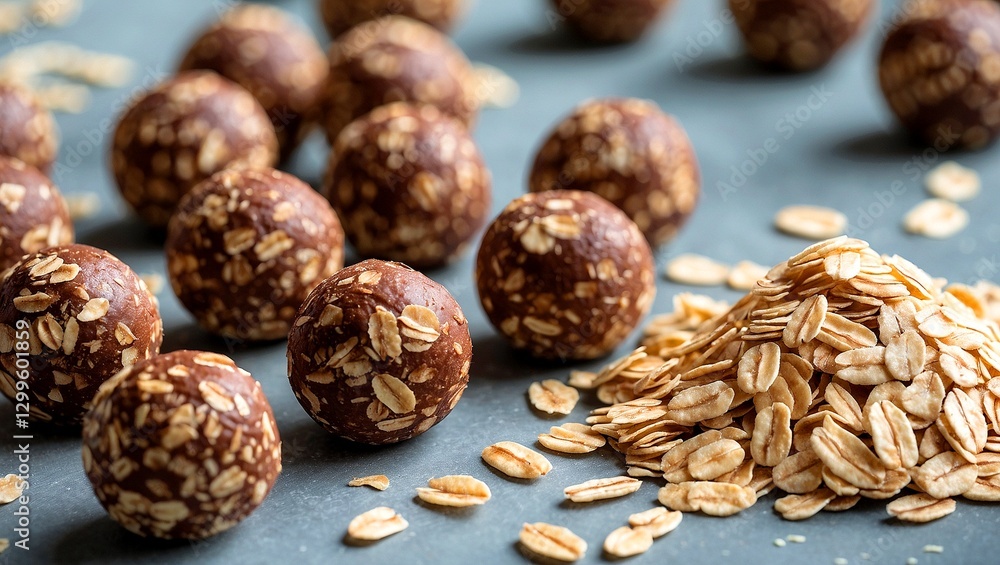 Obraz premium Delicious chocolate oat balls surrounded by oat flakes