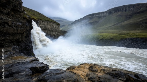 Majestic Waterfall Cascading Down Cliff  Powerful Nature Scene