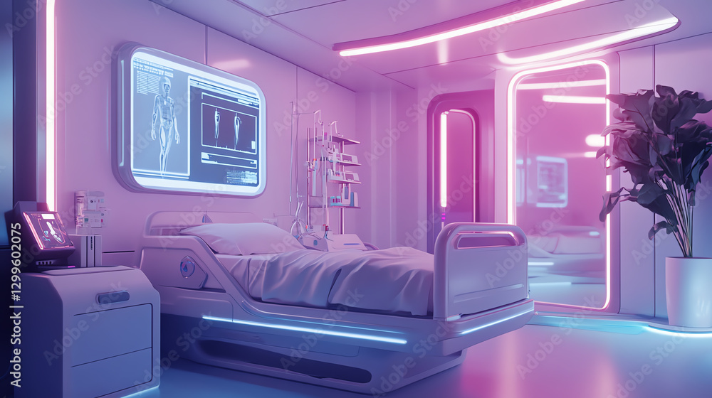 Futuristic hospital room with neon lights and advanced technology. Futuristic hospital room with neon lights and advanced technology.