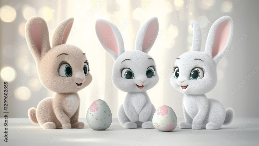 Obraz premium Cute Cartoon Easter Bunnies Sitting Among Colorful Festive Eggs