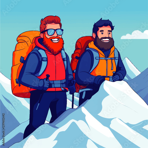Vector Art of Smiling Adventurous Mountain Hikers with Backpacks and Sunglasses Climbing Snowy Peaks under Blue Skies - Adventure, Outdoor, Hiking, Exploration