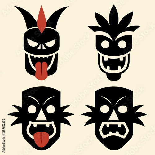 set of tribal Tiki Mask Tongue  silhouette icon vector art illustrations
