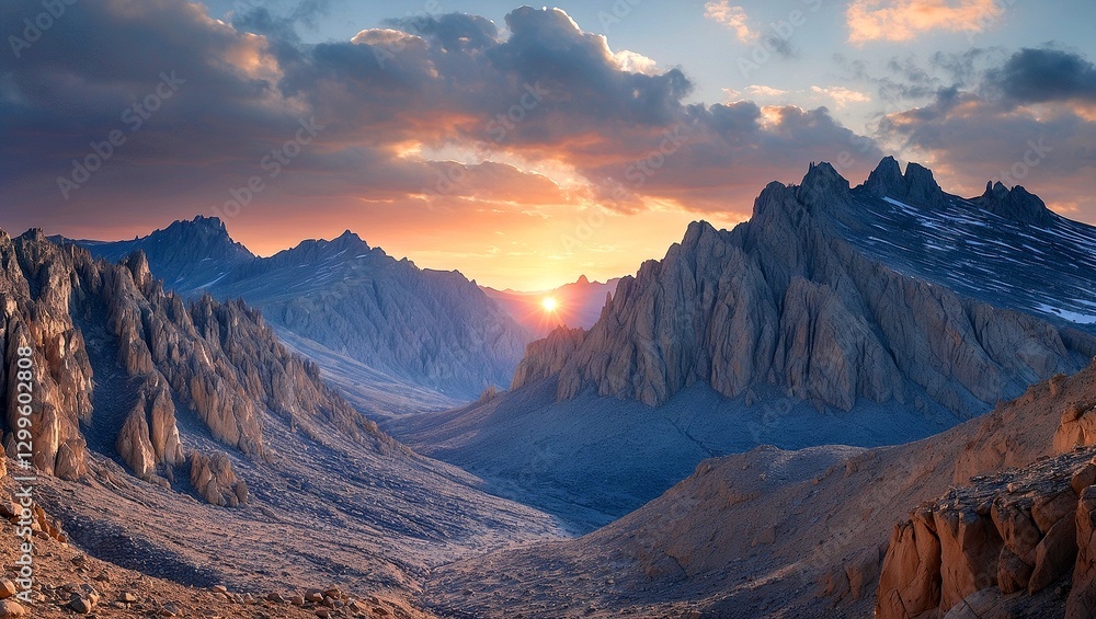 Obraz premium Breathtaking mountain range under cloudy sunset skies