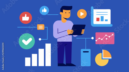 Social Media Analytics A consultant tracking social media performance on a tablet showing graphs and metrics with icons of different social media platforms.