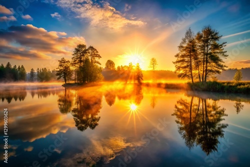Majestic Sunrise Silhouette Over Serene Lake and Forest Landscape