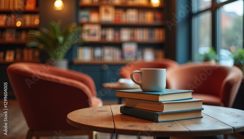 Wallpaper Mural Takeaway coffee cup and stacked books in cozy bookstore. Torontodigital.ca