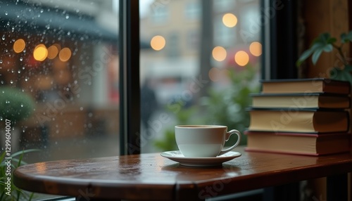  Hot coffee by bookstore window on a rainy day.