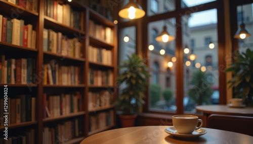  Cup of coffee on wooden table in dimly lit evening bookstore.