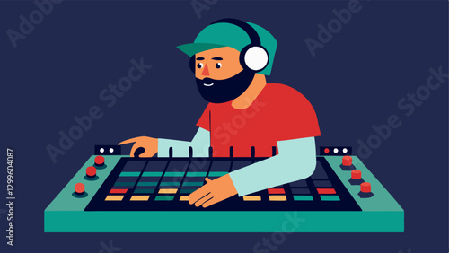 Sound Mixing Mastery A producer meticulously adjusting sliders and s on a large mixing console while monitoring sound through studio headphones.