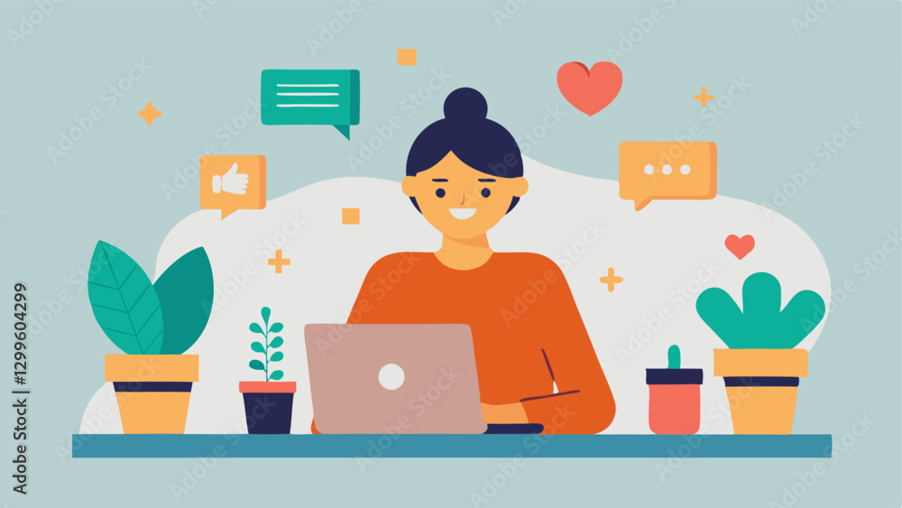Social Media Engagement An influencer sitting at a desk filled with wellness books and succulents responding to followers comments on a laptop with hashtags and positive Social Media Engagement An influencer sitting at a desk filled with wellness books and succulents responding to followers comments on a laptop with hashtags and positive
