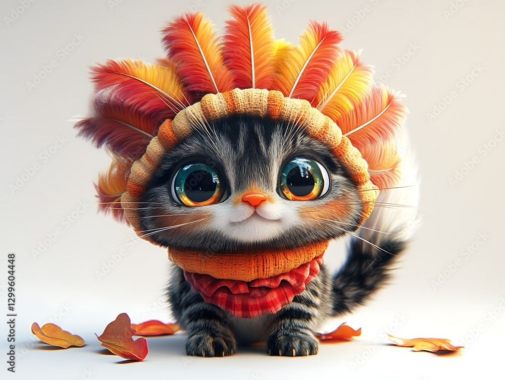 Obraz premium Playful cat in feathered headpiece studio digital art whimsical close-up