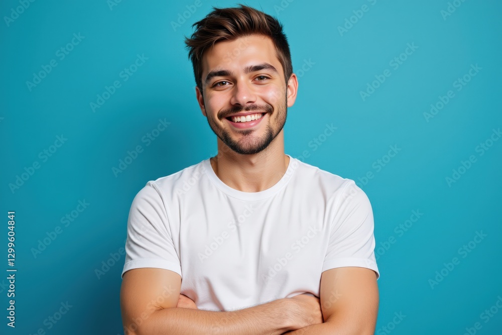 Portrait of a Smiling Young Adult Male with Short Brown Hair in a White T-Shirt Against a Bright Blue Background, Exuding Confidence and Approachability Portrait of a Smiling Young Adult Male with Short Brown Hair in a White T-Shirt Against a Bright Blue Background, Exuding Confidence and Approachability