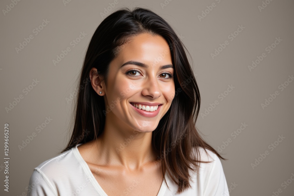Portrait of a Smiling Young Adult Female with Dark Hair and Warm Complexion Against a Neutral Background, Emitting Confidence and Positivity Portrait of a Smiling Young Adult Female with Dark Hair and Warm Complexion Against a Neutral Background, Emitting Confidence and Positivity