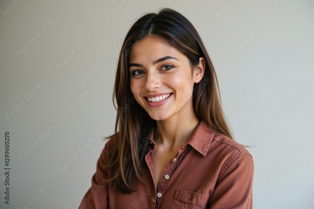 Fototapeta premium Young Hispanic Woman Smiling in Casual Brown Shirt Standing Against a Neutral Wall, Exuding Confidence and Warmth