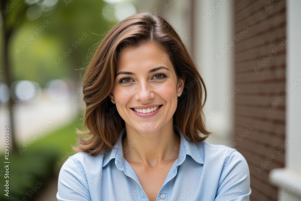 Portrait of a Smiling Caucasian Woman in Her 30s Outdoors, Exuding Confidence and Approachability with Natural Light and Urban Background Portrait of a Smiling Caucasian Woman in Her 30s Outdoors, Exuding Confidence and Approachability with Natural Light and Urban Background