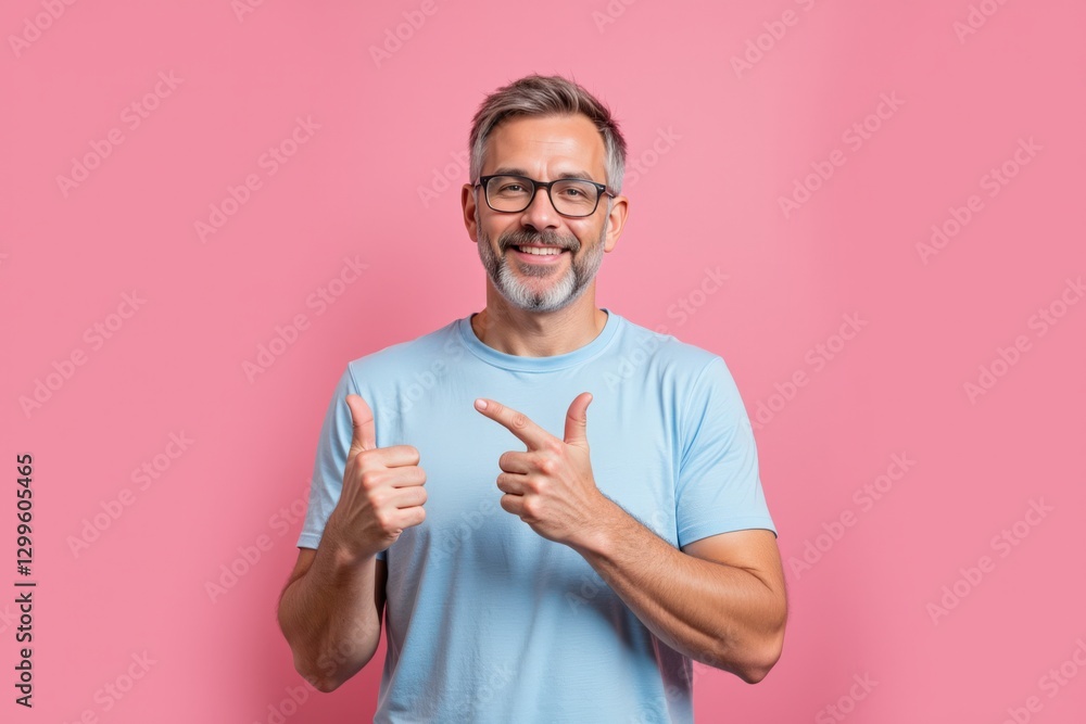 Smiling Middle-Aged Caucasian Man with Glasses in a Light Blue Shirt Gesture of Thumbs Up Indie against a Pink Background, Expressing Positivity and Joy Smiling Middle-Aged Caucasian Man with Glasses in a Light Blue Shirt Gesture of Thumbs Up Indie against a Pink Background, Expressing Positivity and Joy