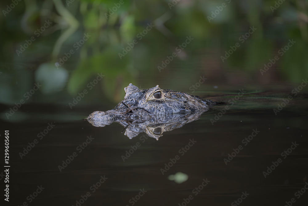 Obraz premium Caiman swimming in the black river in the Pantanal