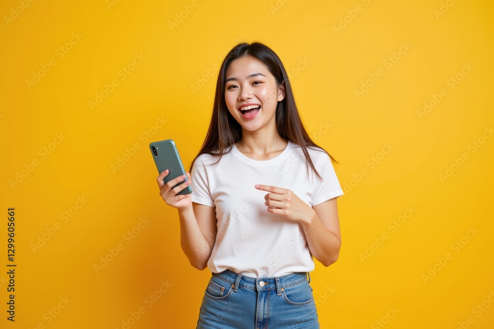 Cheerful Young Asian Woman in Casual White T-shirt Holding a Smartphone while Smiling Against a Bright Yellow Background Cheerful Young Asian Woman in Casual White T-shirt Holding a Smartphone while Smiling Against a Bright Yellow Background
