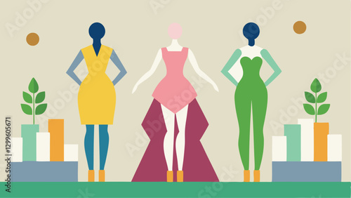 Sustainable Materials Showcase A fashion show backdrop featuring mannequins dressed in outfits made from organic recycled and biodegradable materials.