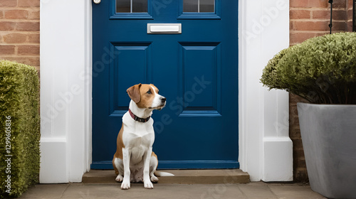 A pet dog sitting on a doorstep, staring sadly into the distance as its owner walks away