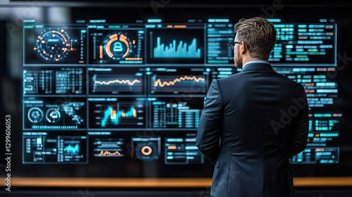 Businessman observing digital data panel with advanced financial charts and analytics. Generated with AI