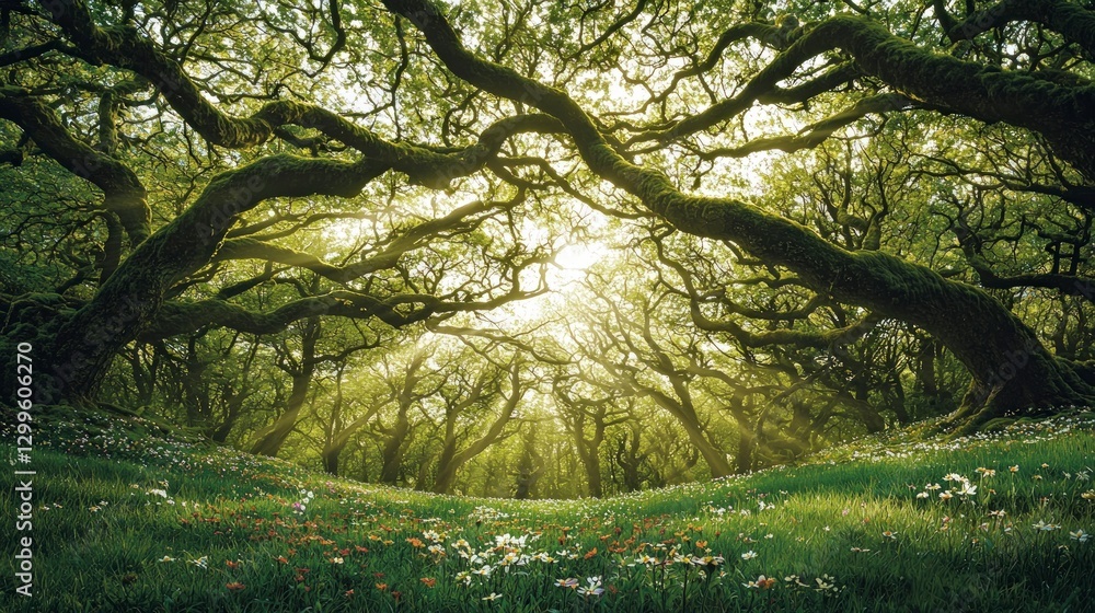Fototapeta premium Sunlit Enchanted Forest Lush Trees Wildflowers Tranquil Nature Scene