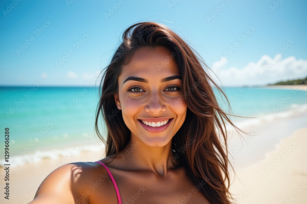 Joyful 25-Year-Old Hispanic Woman Smiling Brightly at the Beach with Clear Blue Waters and White Sand Under a Sunny Sky Joyful 25-Year-Old Hispanic Woman Smiling Brightly at the Beach with Clear Blue Waters and White Sand Under a Sunny Sky