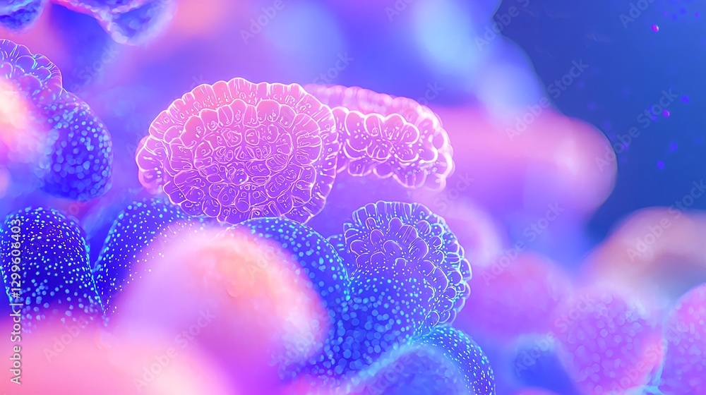 Obraz premium Abstract Medical Concept: Microscopic Cells, Science, and Vibrant Color