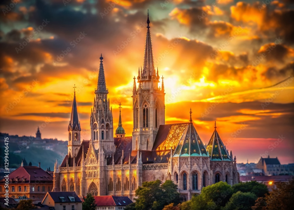 Fototapeta premium Matthias Church Budapest Skyline, Dramatic Bokeh Sky, Architectural Detail, Hungary