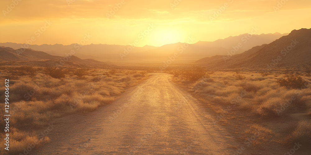 Golden Glow Over an Empty Desert Road at Sunset for Serene Landscape Design Golden Glow Over an Empty Desert Road at Sunset for Serene Landscape Design