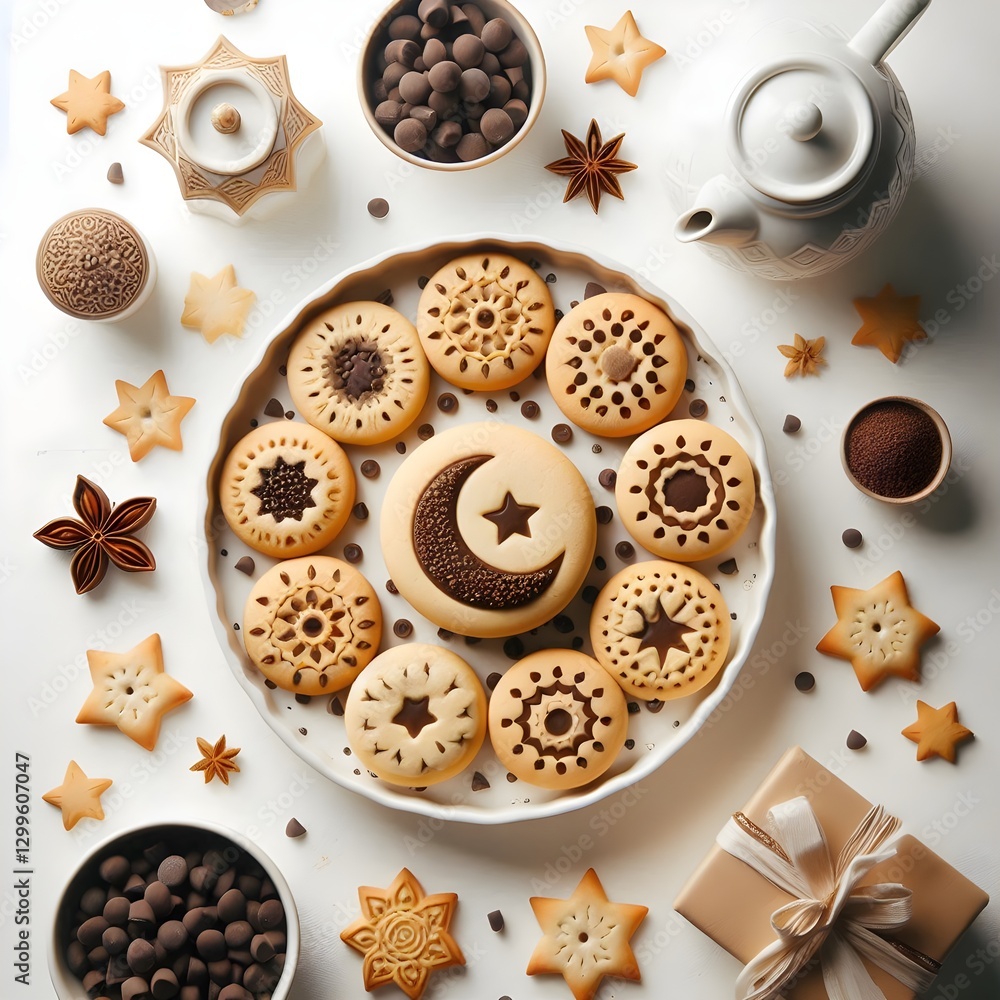 Festive Eid cookies with chocolate chips arranged neatly on white background captured from top view for articles and advertisements Festive Eid cookies with chocolate chips arranged neatly on white background captured from top view for articles and advertisements