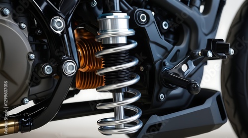 Close-up of a motorcycle suspension system, highlighting the coil spring and shock absorber mechanism for enhanced stability, comfort, and performance on various road conditions

