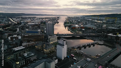 Aerial shot over the Lagan Belfast Northern Ireland