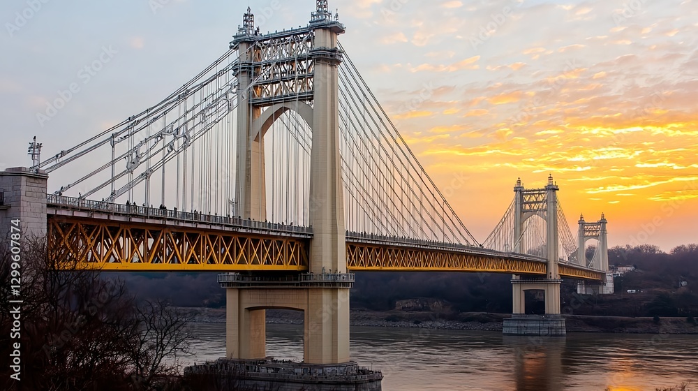Fototapeta premium Bridge at Sunset Over Water: Architectural Landmark and Travel Destination