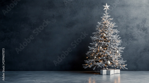 Minimalist silver Christmas tree with sparkling decorations, set against a dark gray wall, creating a sleek and modern holiday ambiance