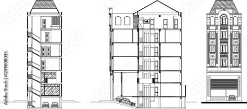 vector sketch illustration silhouette design of shophouse building for multi-storey residence 