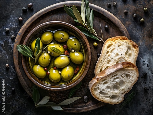 Rustic Mediterranean Snack: Healthy Green and Black Olives Appetizer with Homemade Bread and Olive Oil