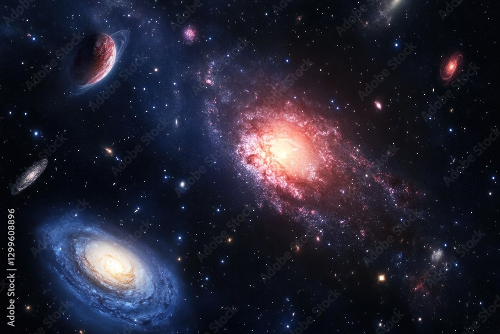 Fototapeta premium Cosmic panorama galaxies, planets, nebulae, and stars in deep space.