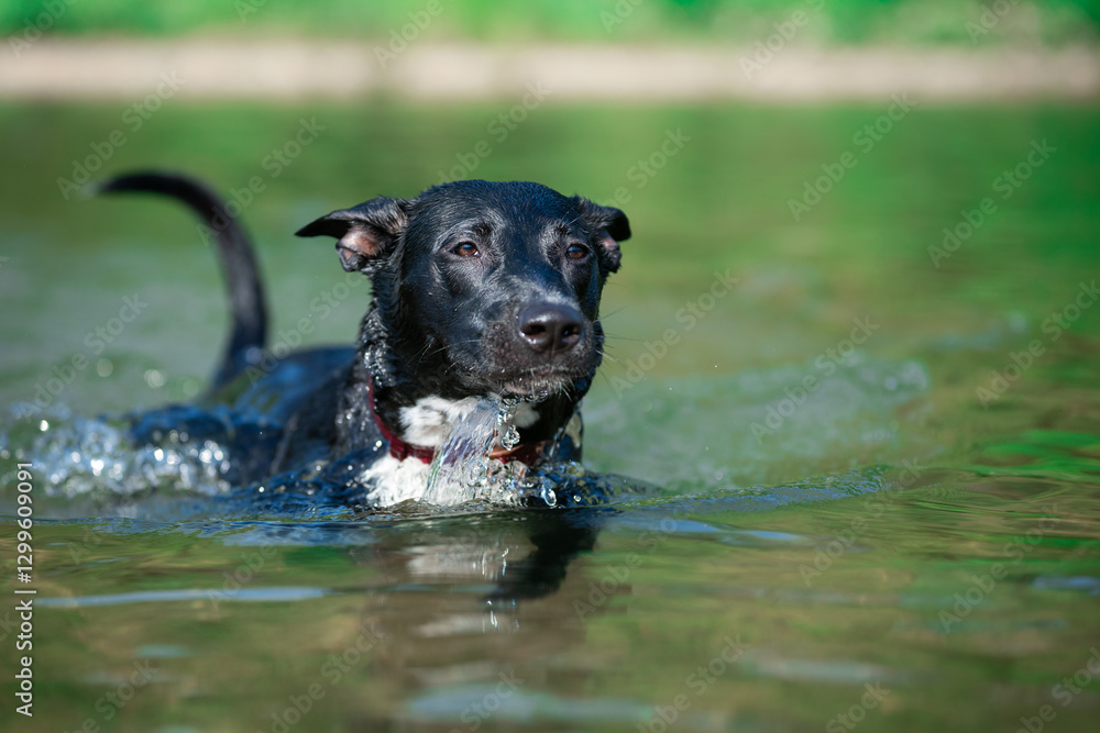 Black Lab Mix Swimming in Lake on Sunny Day Black Lab Mix Swimming in Lake on Sunny Day