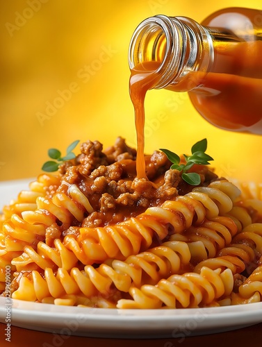 Delicious Bolognese Sauce Pouring Over Fusilli Pasta - Italian Cuisine with Hearty Meat Sauce and Herbs