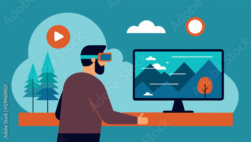 Therapy VR Setup A designer setting up a virtual reality space designed for therapy displaying images of calming landscapes on a monitor while adjusting the headset and controls