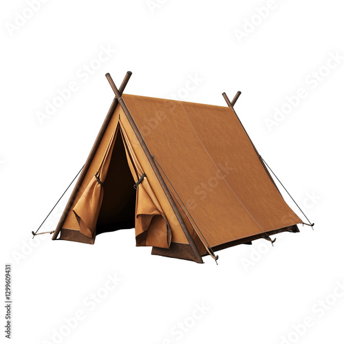 This image features a rendered brown canvas tent, isolated on transparent background. It is for camping. photo