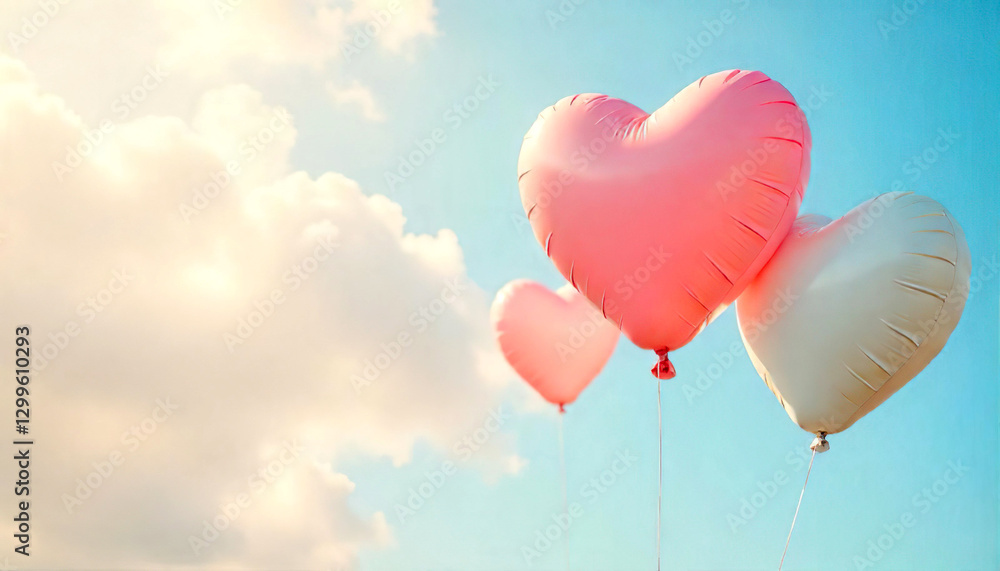 Fototapeta premium Pastel-toned heart balloons against the bright blue sky