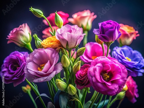 Miniature Eustoma Flowers on Black Background - Tilt-Shift Photography