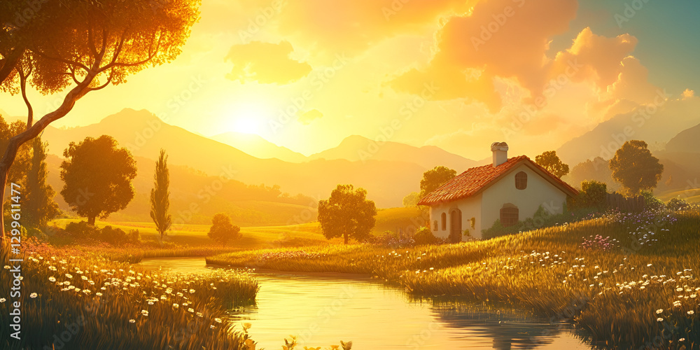Fototapeta premium Golden Hour Over a Peaceful Countryside for Serene Landscape Beauty