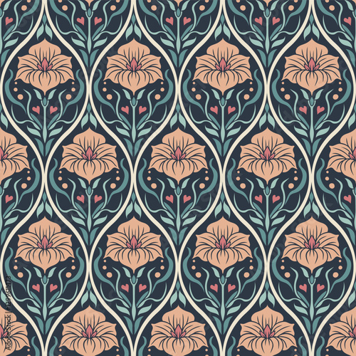 Colorful Art Nouveau Floral Seamless Vector Repeat Pattern