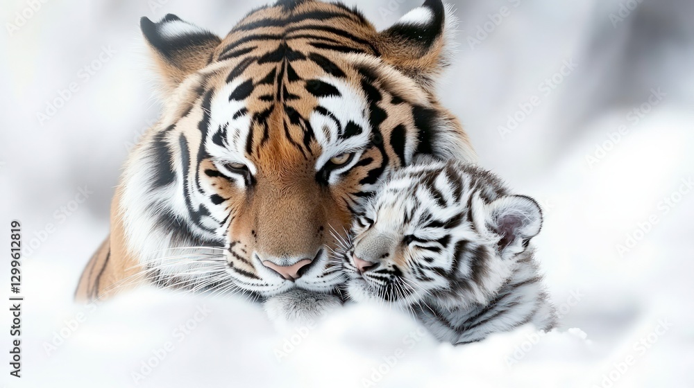 Obraz premium Siberian Tiger Mother White Cub in Winter Snow
