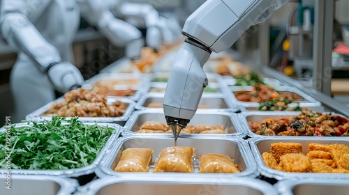 Technology Food Industry Automation: Robot Arm Preparing Healthy Meals